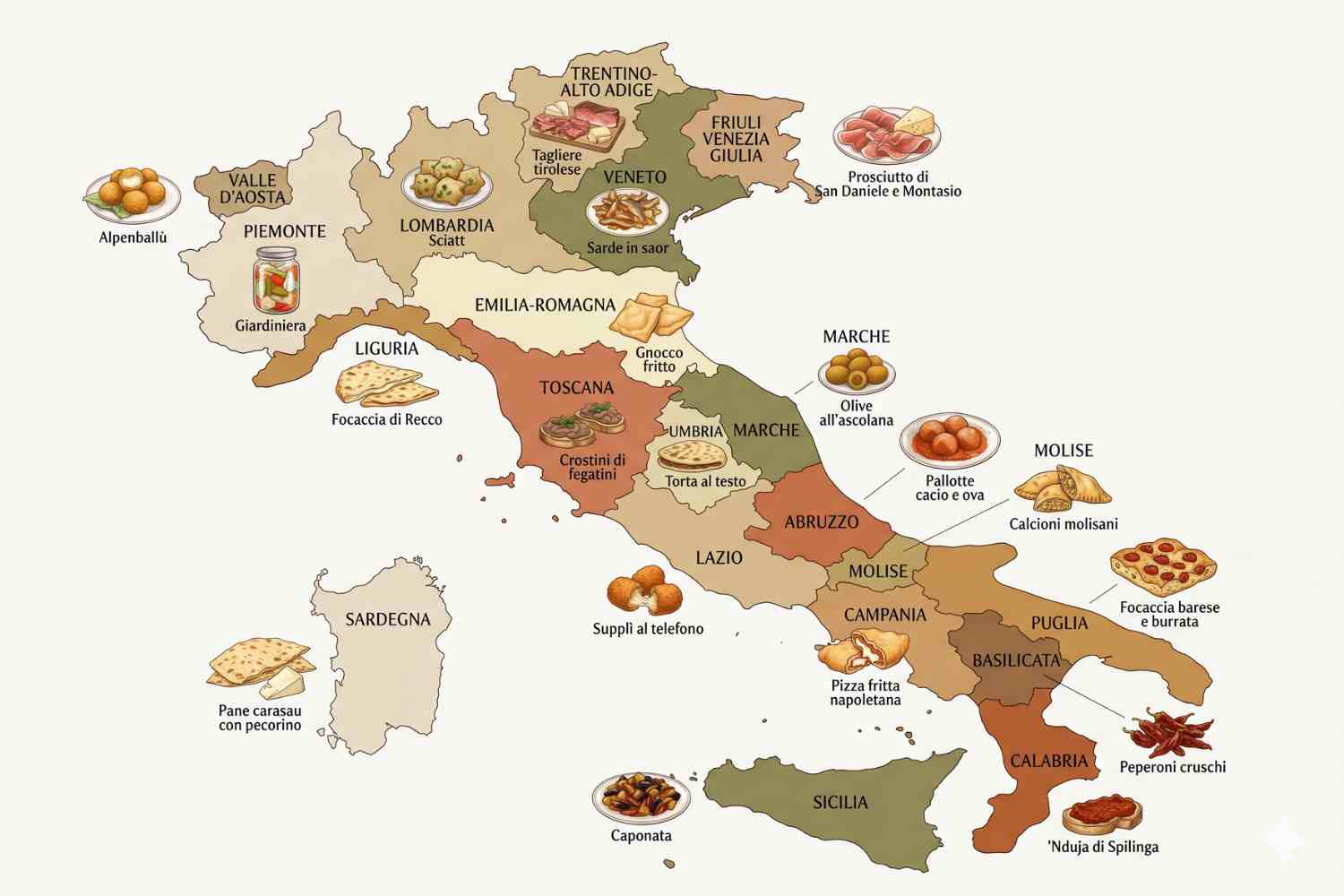 Dalla Valle d’Aosta alla Sicilia, un viaggio tra gli antipasti tipici italiani più famosi. Ricette regionali, tradizioni locali e sapori autentici raccontano la straordinaria varietà della cucina italiana attraverso piatti simbolo, fritti, salumi, formaggi e specialità di mare e di terra.