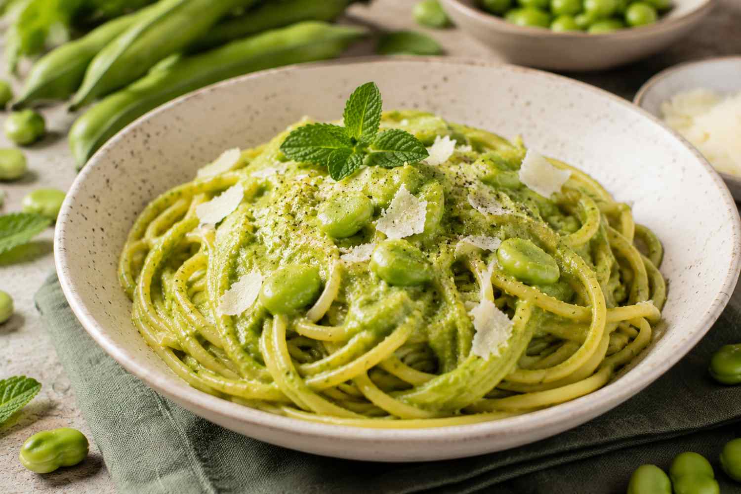 spaghetti fave e menta