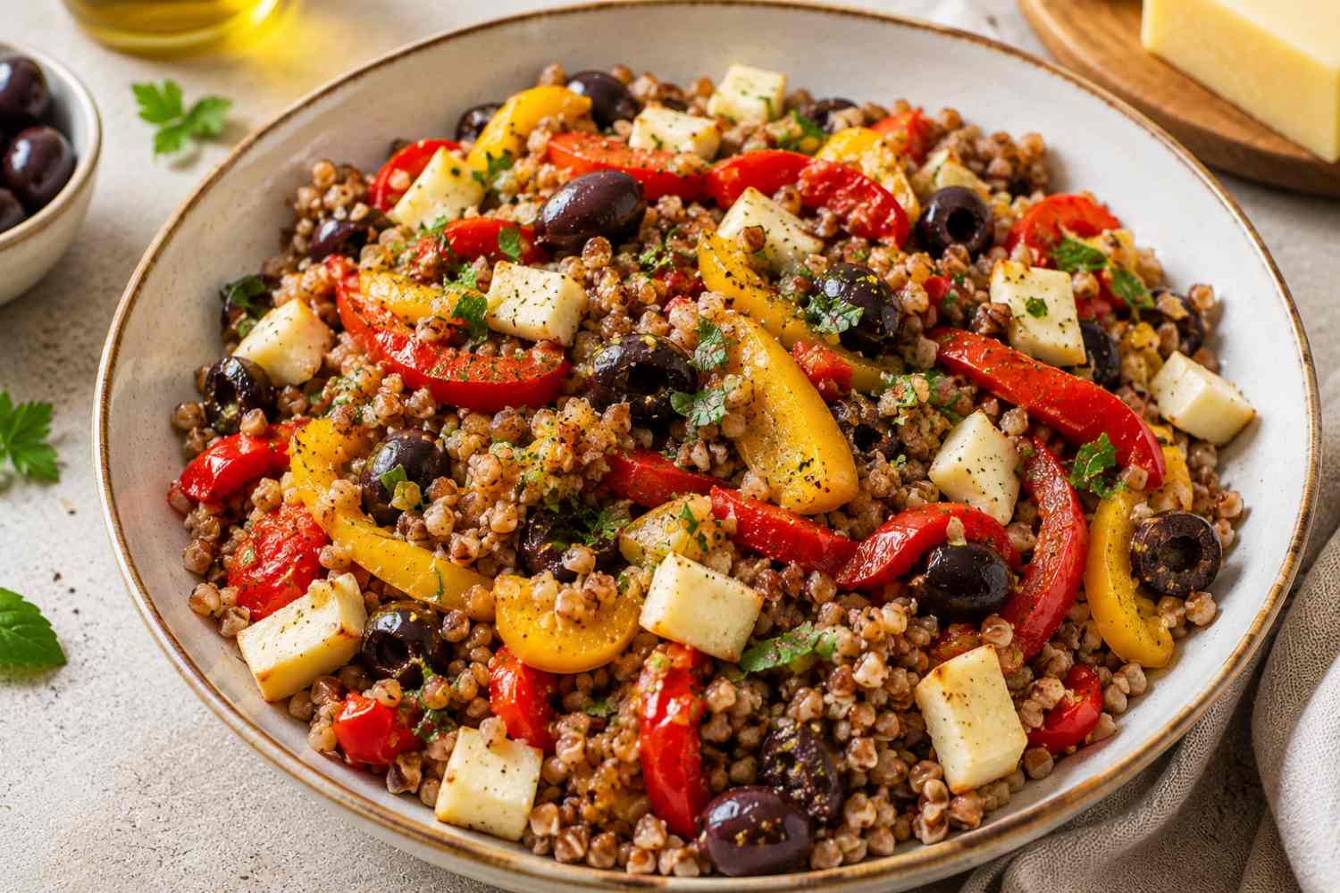 Grano saraceno con peperoni, olive e scamorza